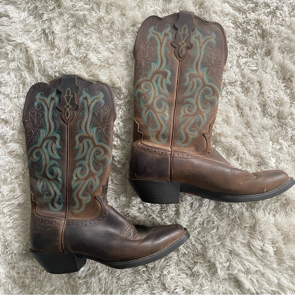 Justin Boots Western Cowboy Boots Size 7B Brown with Turquoise Accents